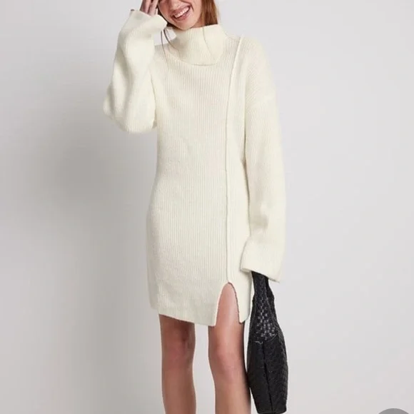 NA-KD Knitted Turtle Neck Dress, Neutral